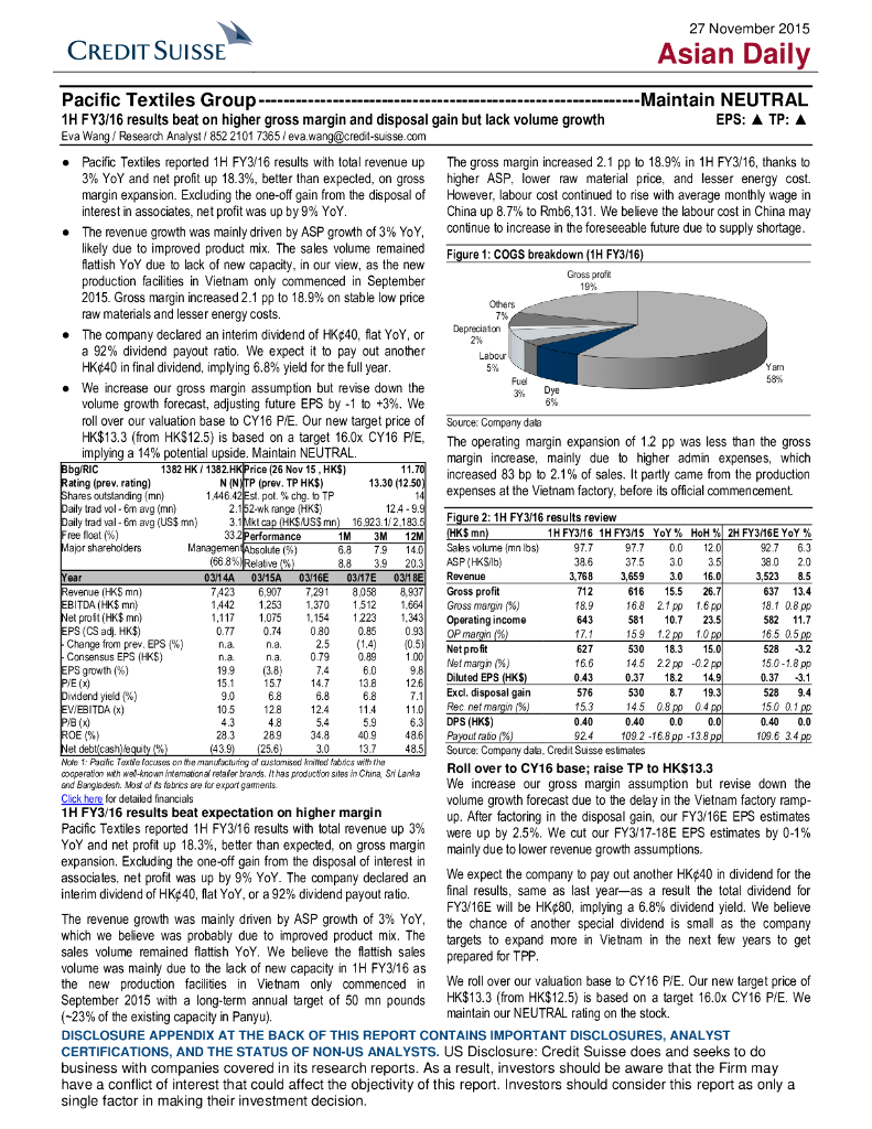 瑞信银行：互太纺织（01382）港股公司研究报告-1HFY3/16resultsbeatonhighergrossmarginanddisposalgainbutlackvolumegrowth