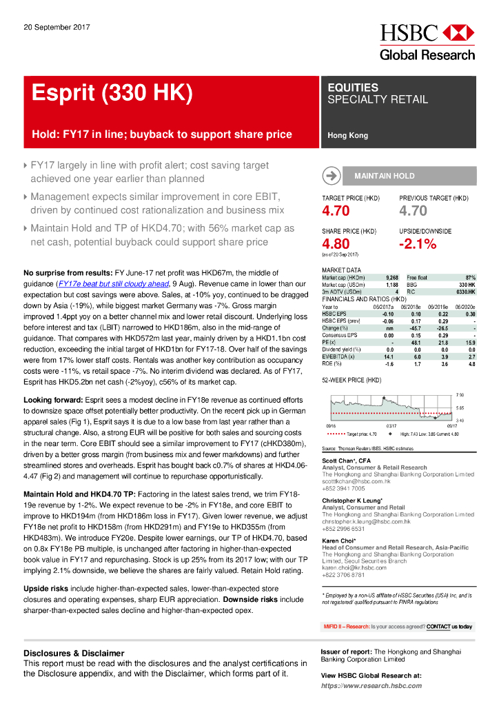 汇丰银行：思捷环球（00330）港股公司研究报告-Hold:FY17inline;buybacktosupportshareprice