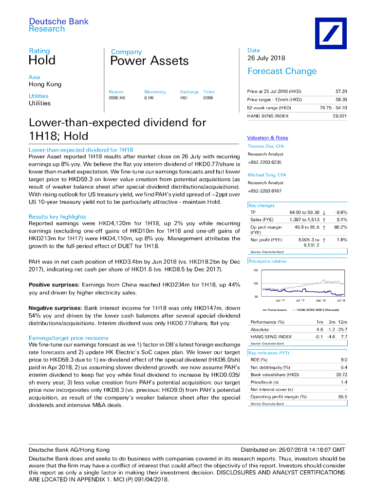 德意志银行：电能实业（00006）港股公司研究报告-Lower-than-expecteddividendfor1H18;Hold