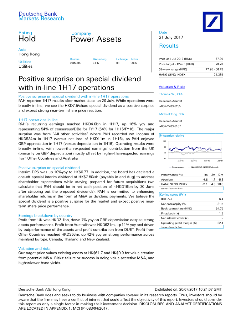 德意志银行：电能实业（00006）港股公司研究报告-Positivesurpriseonspecialdividendwithin-line1H17operations