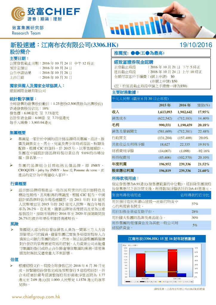 致富证券：新股速递：江南布衣有限公司
