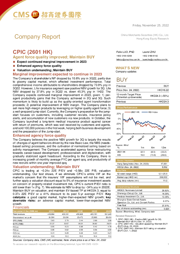 招商证券(香港)：中国太保（02601）港股公司研究报告-Agentforcequalityimproved;MaintainBUY