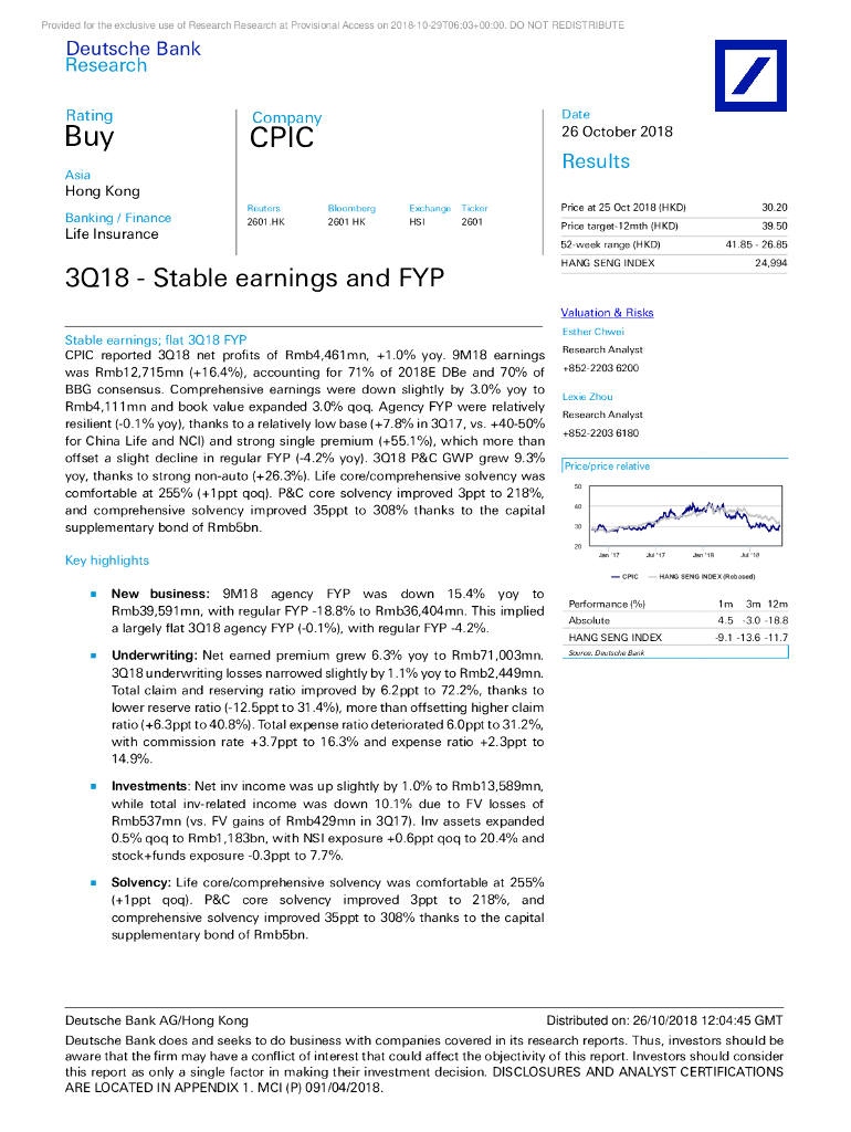 德意志银行：中国太保（02601）港股公司研究报告-3Q18-StableearningsandFYP