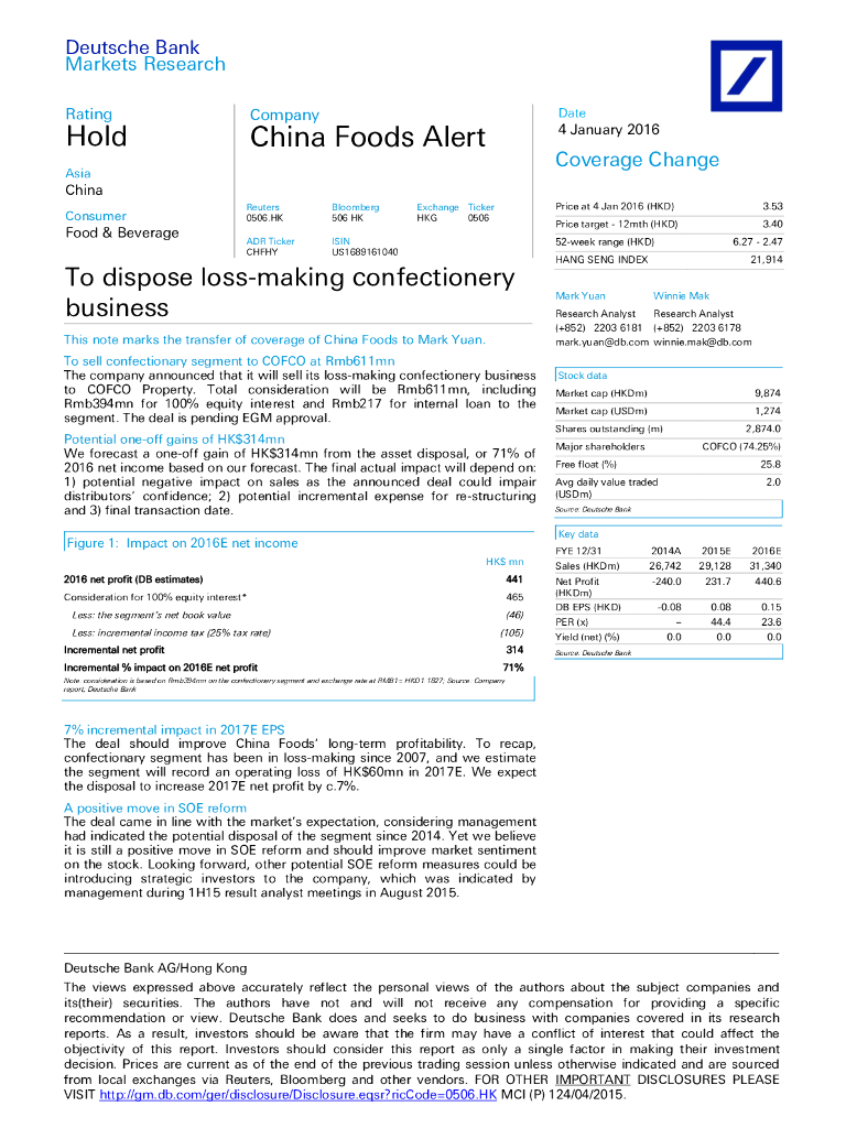 德意志银行：中国食品（00506）港股公司研究报告-Todisposeloss-makingconfectionerybusiness