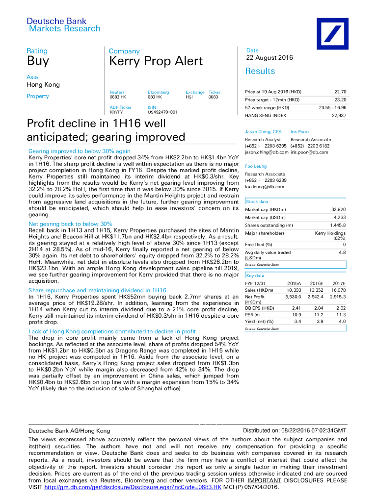 德意志银行：嘉里建设（00683）港股公司研究报告-Profitdeclinein1H16wellanticipated;gearingimproved