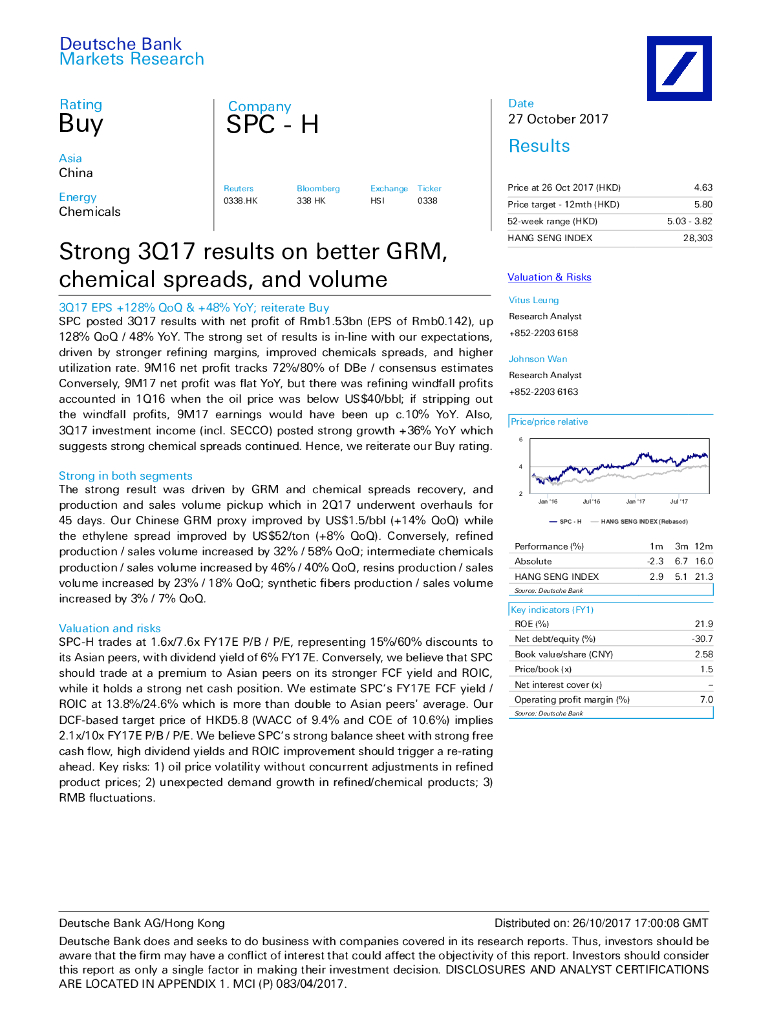 德意志银行：上海石油化工股份（00338）港股公司研究报告-Strong3Q17resultsonbetterGRM,chemicalspreads,andvolume