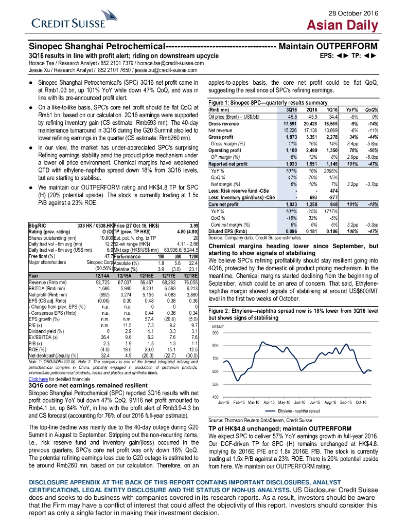 瑞信银行：上海石油化工股份（00338）港股公司研究报告-3Q16resultsinlinewithprofitalert;ridingondownstreamupcycle
