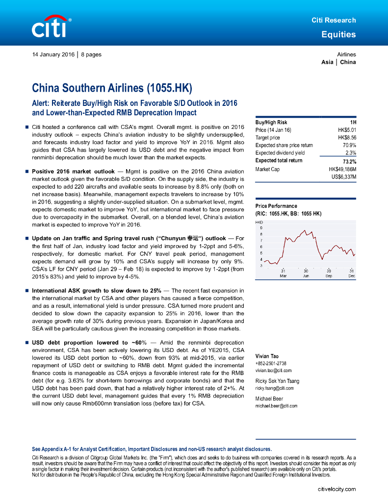 花旗环球金融：中国南方航空股份（01055）港股公司研究报告-Alert:ReiterateBuy/HighRiskonFavorableS/DOutlookin2016andLower-than-