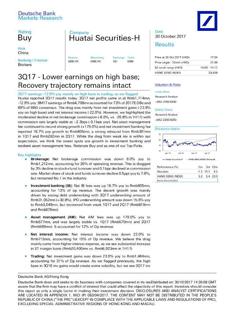 德意志银行：华泰证券（06886）港股公司研究报告-3Q17-Lowerearningsonhighbase;Recoverytrajectoryremainsintact