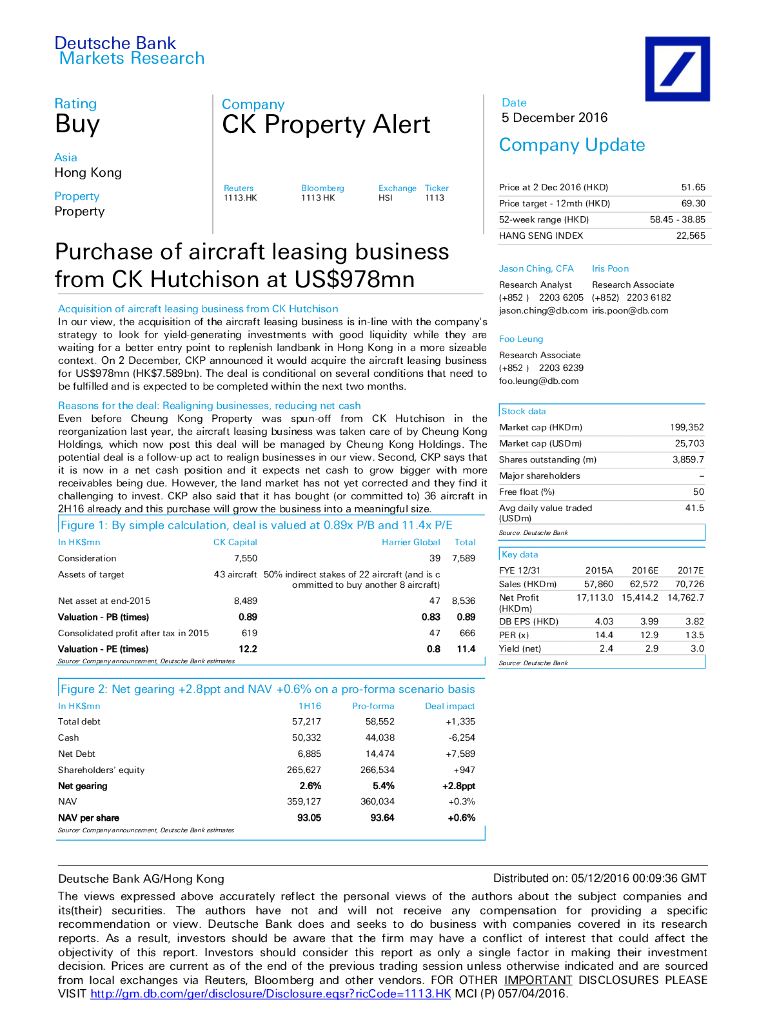 德意志银行：长实集团（01113）港股公司研究报告-PurchaseofaircraftleasingbusinessfromCKHutchisonatUS$978mn