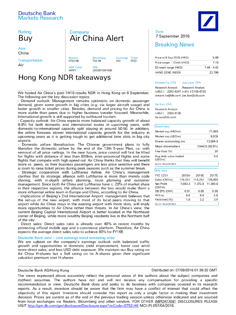德意志银行：中国国航（00753）港股公司研究报告-HongKongNDRtakeaways
