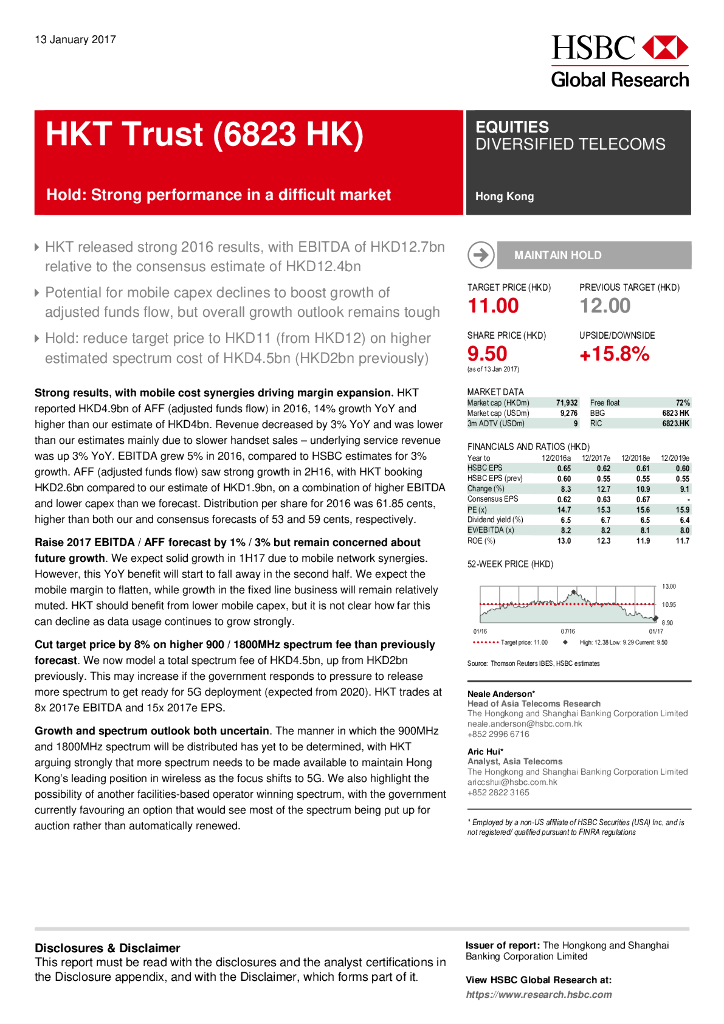 汇丰银行：香港电讯-SS（06823）港股公司研究报告-Hold:Strongperformanceinadifficultmarket