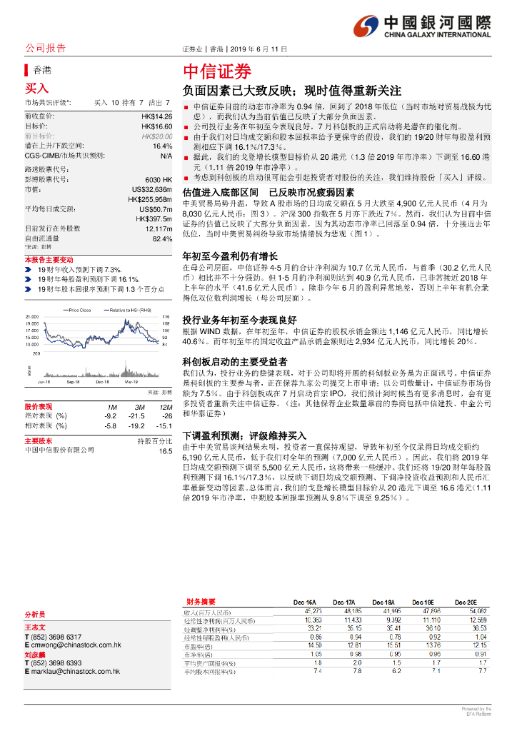 中国银河国际证券：中信证券（06030）港股公司研究报告-负面因素已大致反映；现时值得重新关注