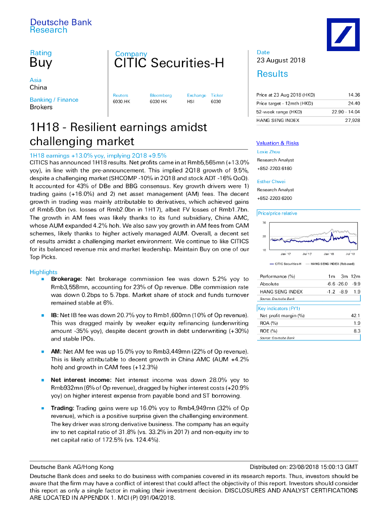 德意志银行：中信证券（06030）港股公司研究报告-1H18-Resilientearningsamidstchallengingmarket