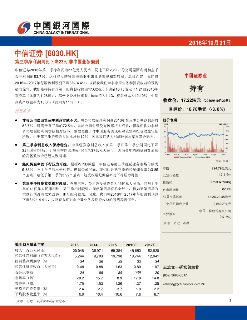 中国银河国际证券：中信证券（06030）港股公司研究报告-第三季净利润同比下降23%；非中国业务偏弱