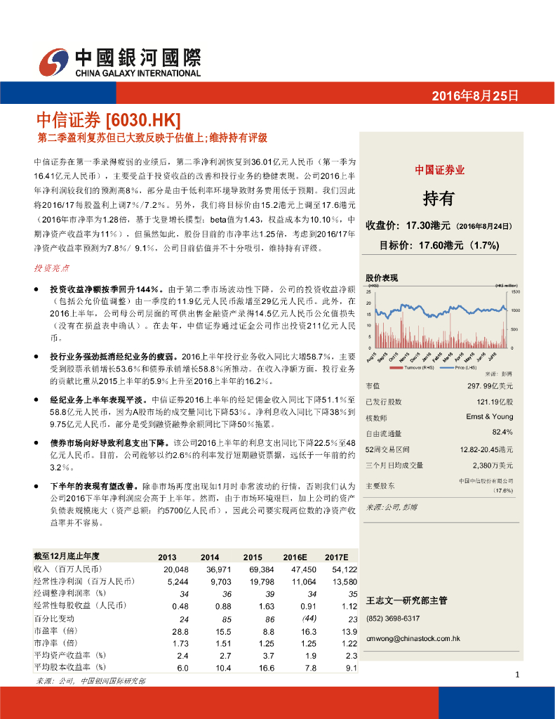 中国银河国际证券：中信证券（06030）港股公司研究报告-第二季盈利复苏但已大致反映于估值上;维持持有评级