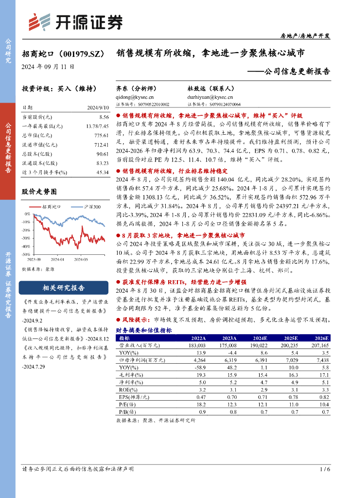 开源证券：招商蛇口（001979）-公司信息更新报告：销售规模有所收缩，拿地进一步聚焦核心城市