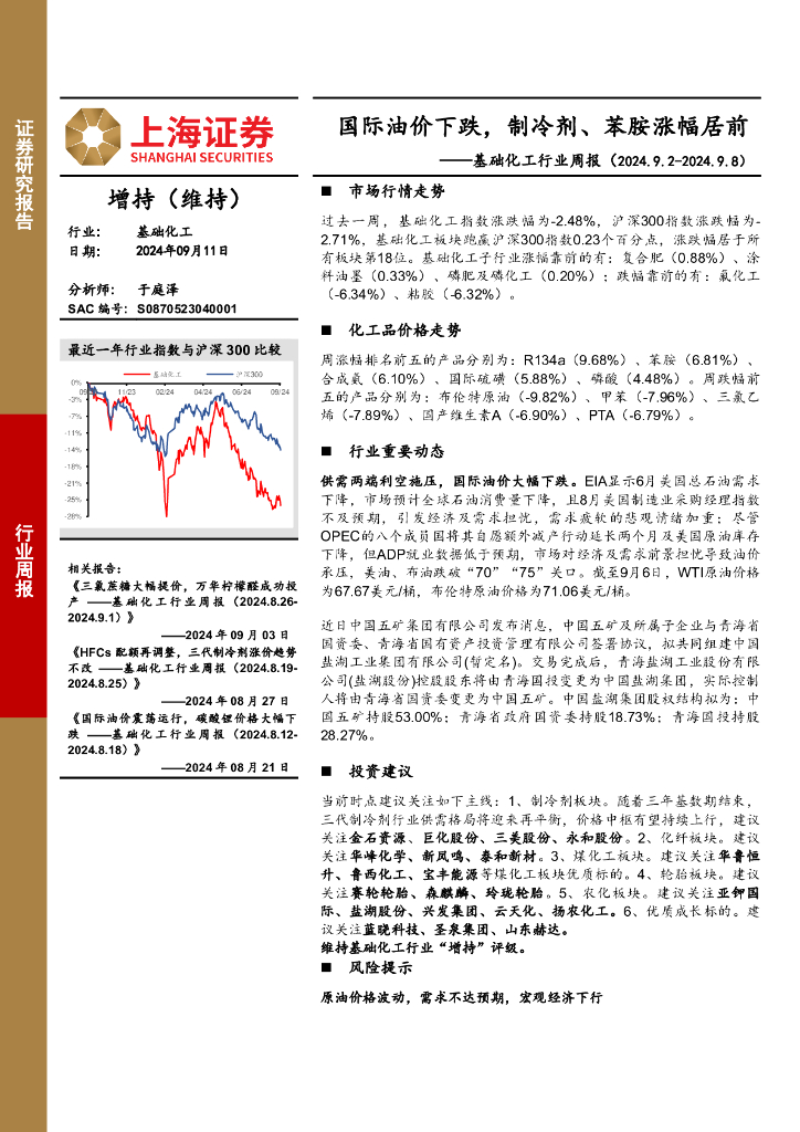 上海证券：基础化工行业周报：国际油价下跌，制冷剂、苯胺涨幅居前