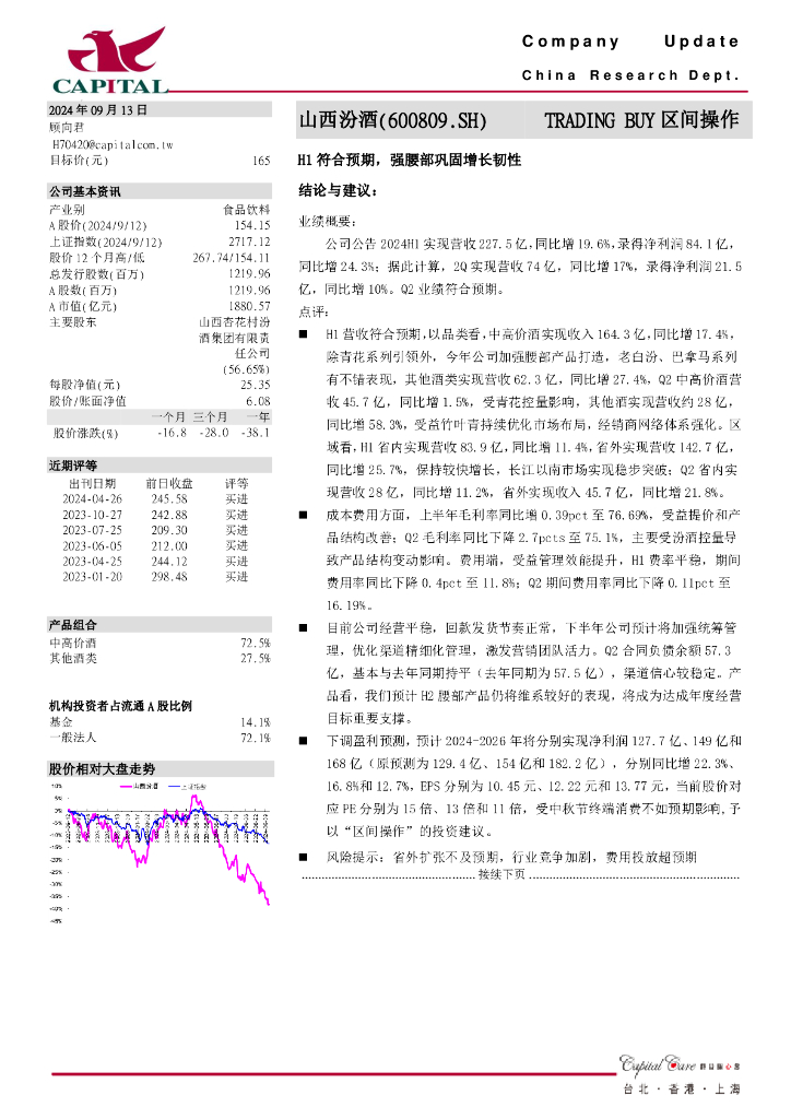 群益证券：山西汾酒（600809）-H1符合预期，强腰部巩固增长韧性