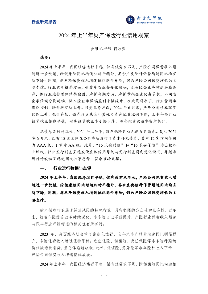 新世纪评级：2024年上半年财产保险行业信用观察报告