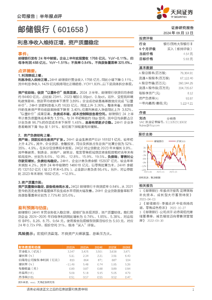 天风证券：邮储银行（601658）-利息净收入维持正增，资产质量稳定