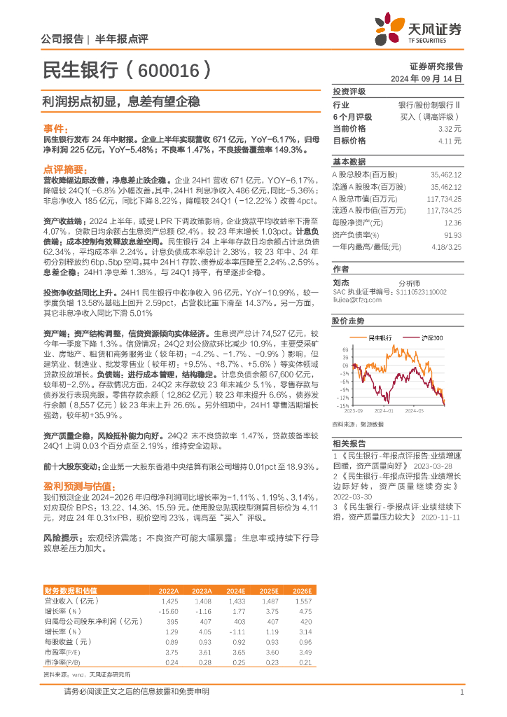 天风证券：民生银行（600016）-利润拐点初显，息差有望企稳