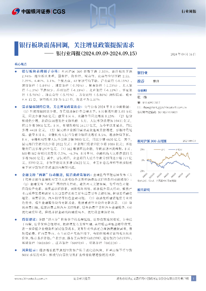 中国银河：银行业周报：银行板块震荡回调，关注增量政策提振需求