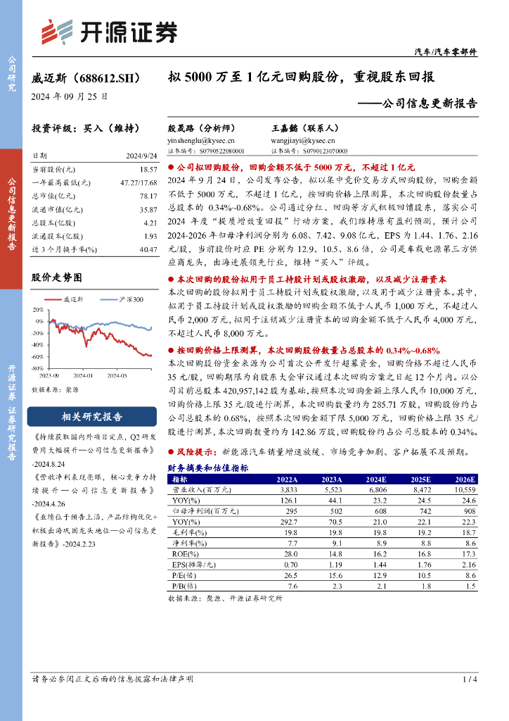 开源证券：威迈斯（688612）-公司信息更新报告：拟5000万至1亿元回购股份，重视股东回报