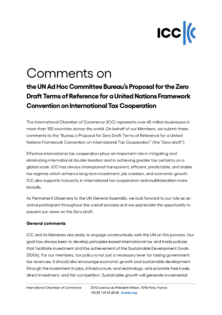 国际商会ICC：2024年国际商会就联合国税收框架公约职权范围零草案发表评论（英文版）