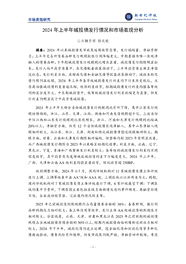新世纪评级：2024年上半年城投债发行情况和市场表现分析报告