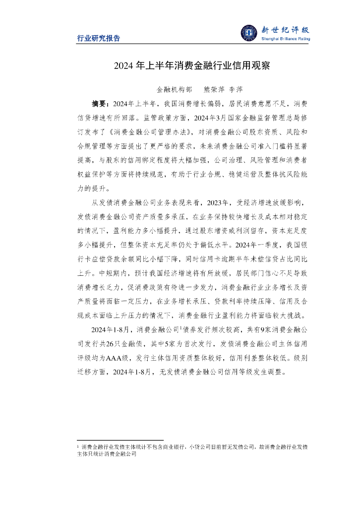 新世纪评级：2024年上半年消费金融行业信用观察报告