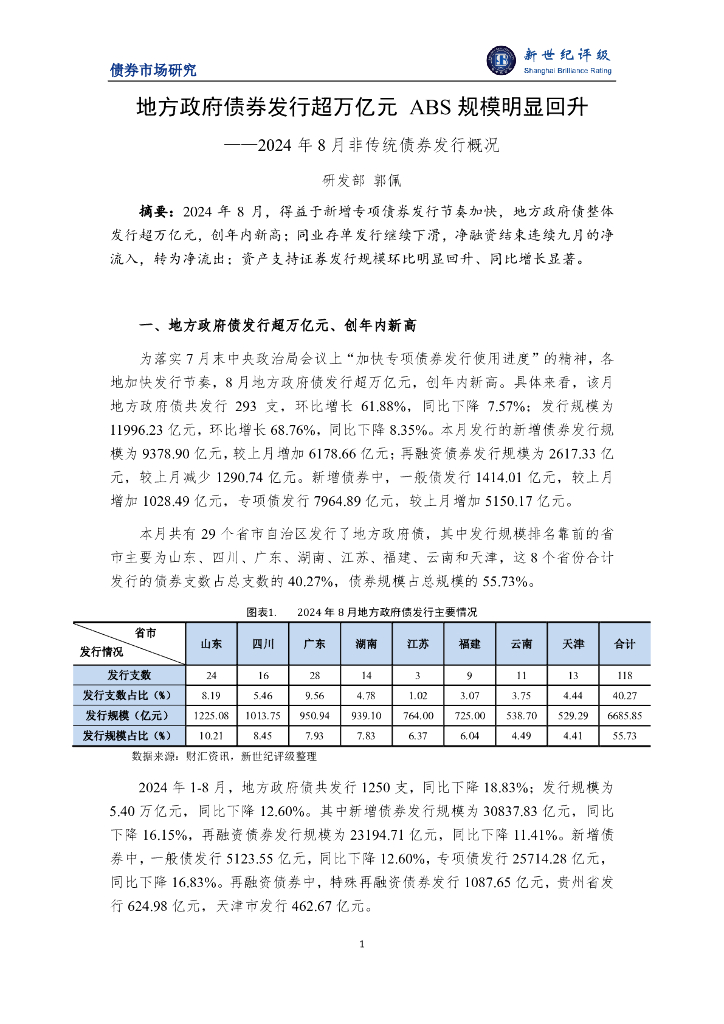 新世纪评级：地方政府债券发行超万亿元 ABS规模明显回升——2024年8月非传统债券发行概况