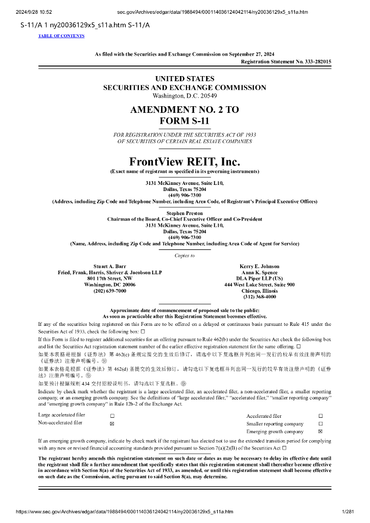 FrontView REIT,Inc.美股纳斯达克IPO上市招股说明书