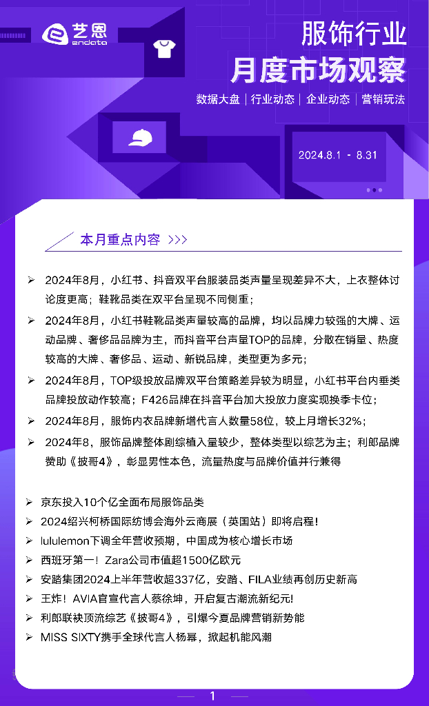 艺恩数据：2024年8月服饰行业月度市场观察报告