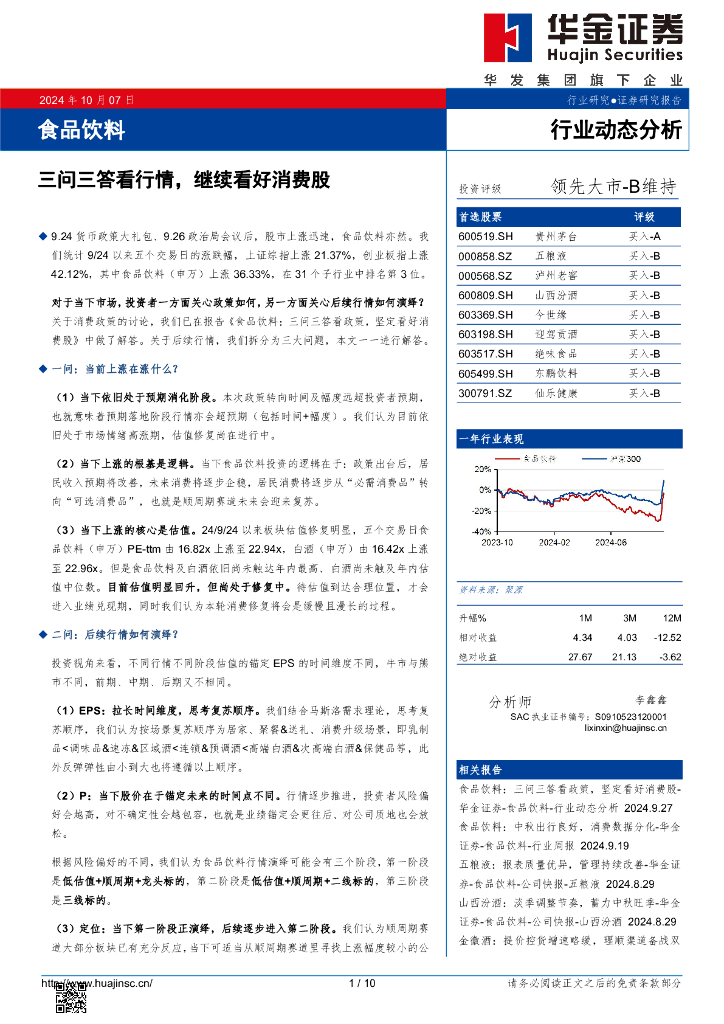 华金证券：食品饮料行业动态分析：三问三答看行情，继续看好消费股