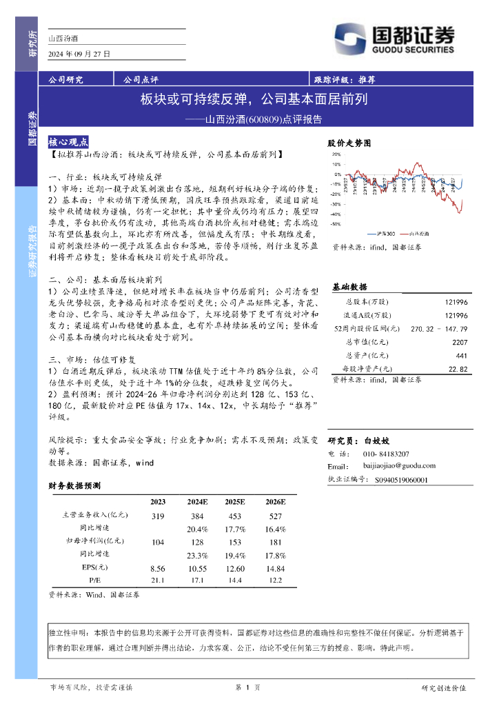 国都证券：山西汾酒（600809）-点评报告：板块或可持续反弹，公司基本面居前列