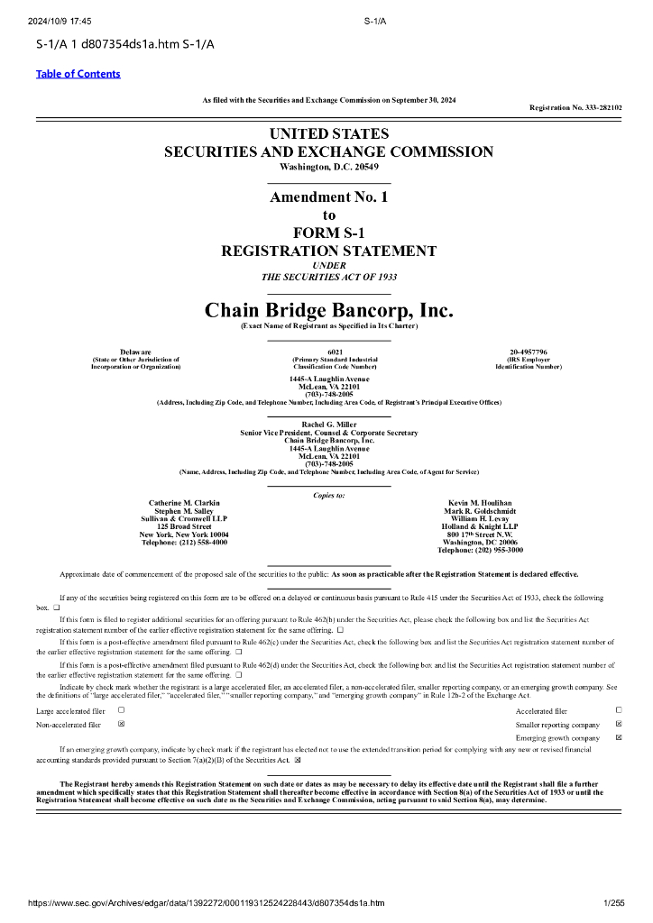 Chain Bridge Bancorp,Inc.美股纳斯达克IPO上市招股说明书