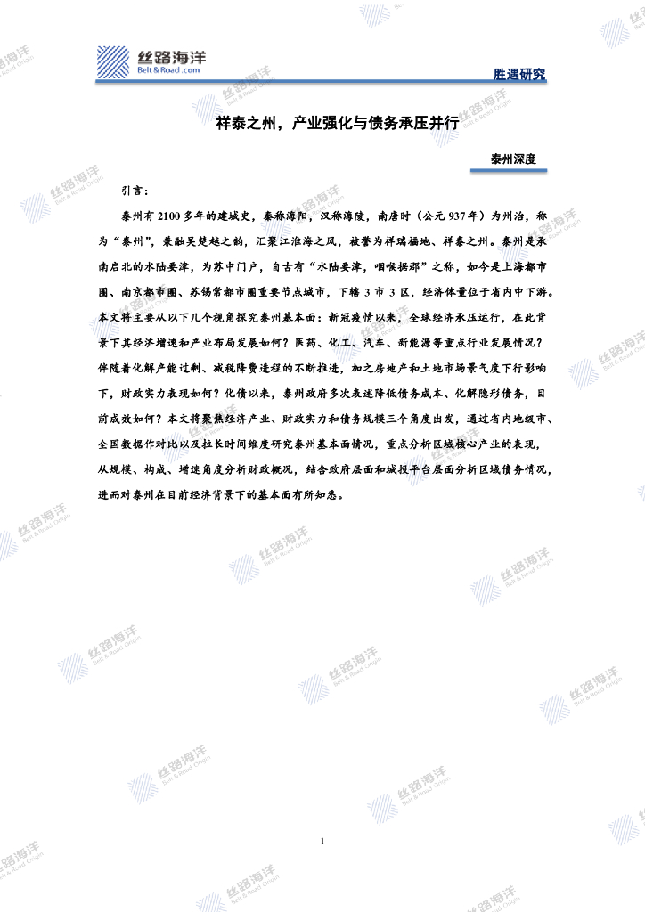 丝路海洋：泰州深度：祥泰之州，产业强化与债务承压并行