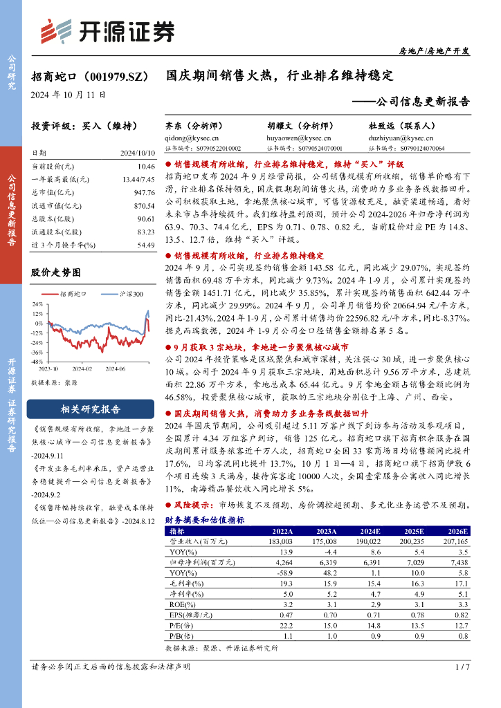 开源证券：招商蛇口（001979）-公司信息更新报告：国庆期间销售火热，行业排名维持稳定