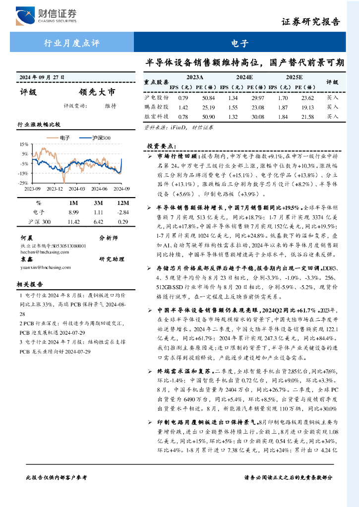 财信证券：电子行业月度点评：半导体设备销售额维持高位，国产替代前景可期