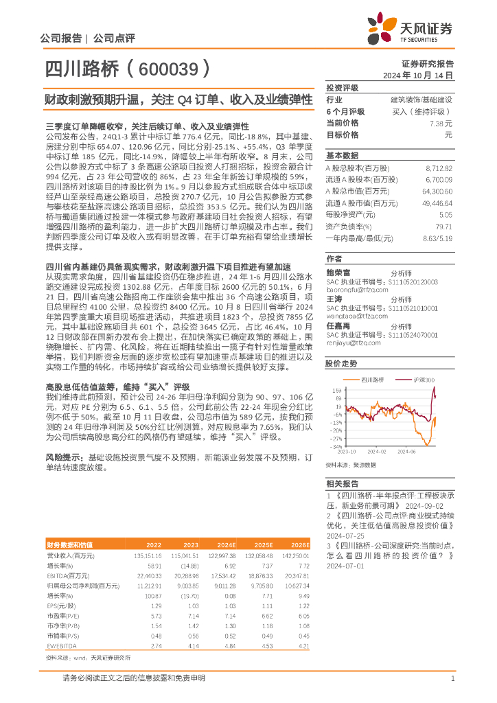 天风证券：四川路桥（600039）-财政刺激预期升温，关注Q4订单、收入及业绩弹性