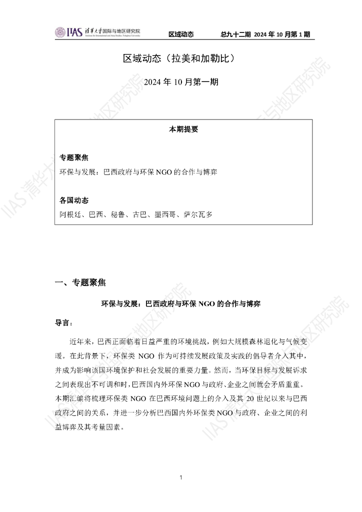 清华大学国际与地区研究院：拉美和加勒比地区《区域动态》2024年10月第一期