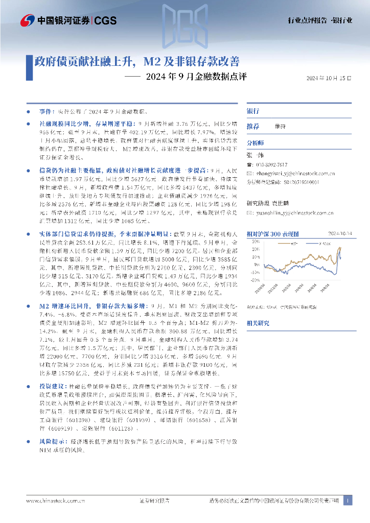 中国银河：2024年9月金融数据解读：政府债贡献社融上升，M2及非银存款改善