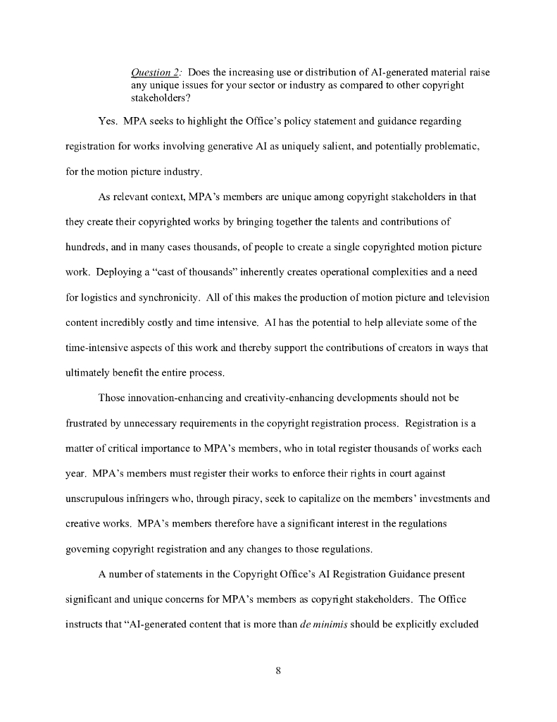 美国电影协会（MPA）：MPA针对人工智能和版权调查通知向美国版权局发表的评论（英文版）_第8页