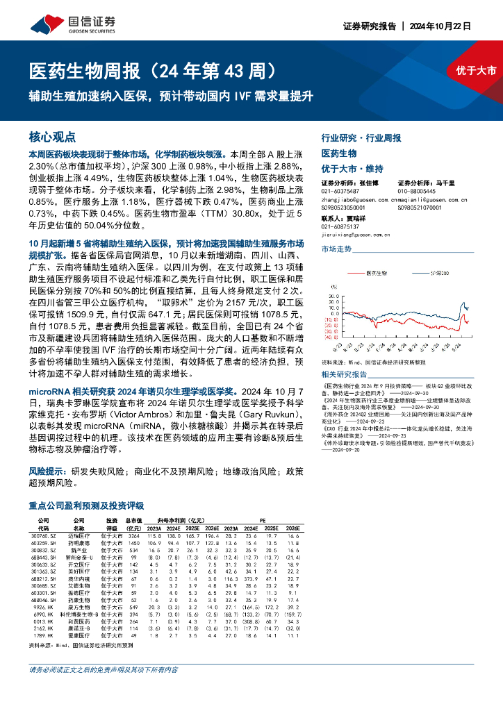 国信证券：医药生物行业周报（24年第43周）：<em>辅助生殖</em>加速纳入医保，预计带动国内IVF需求量提升
