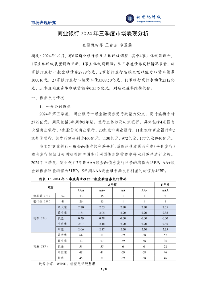 新世纪评级：商业银行2024年三季度市场表现分析报告