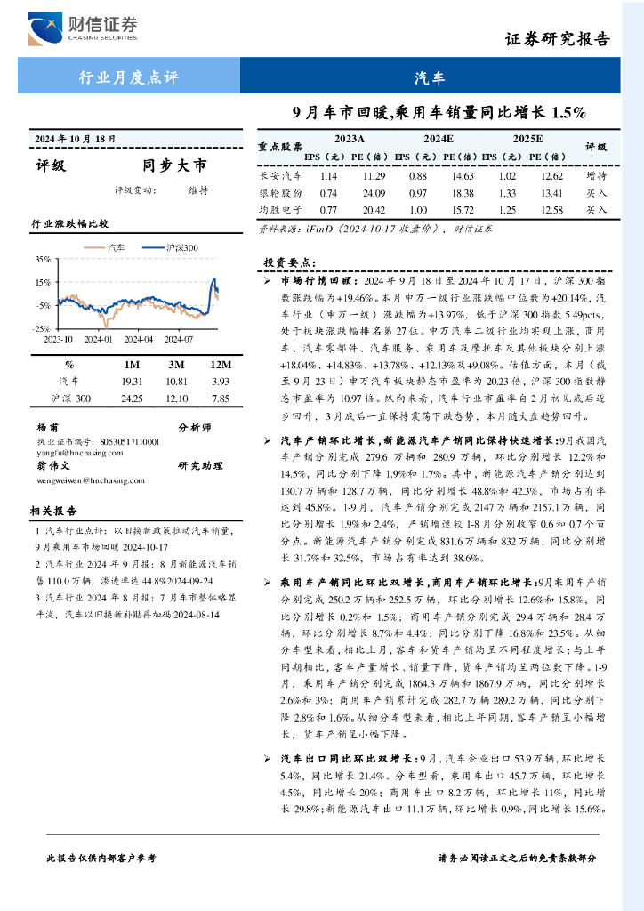 财信证券：<em>汽车</em>行业月度点评：9月车市回暖，乘用车销量同比增长1.5%