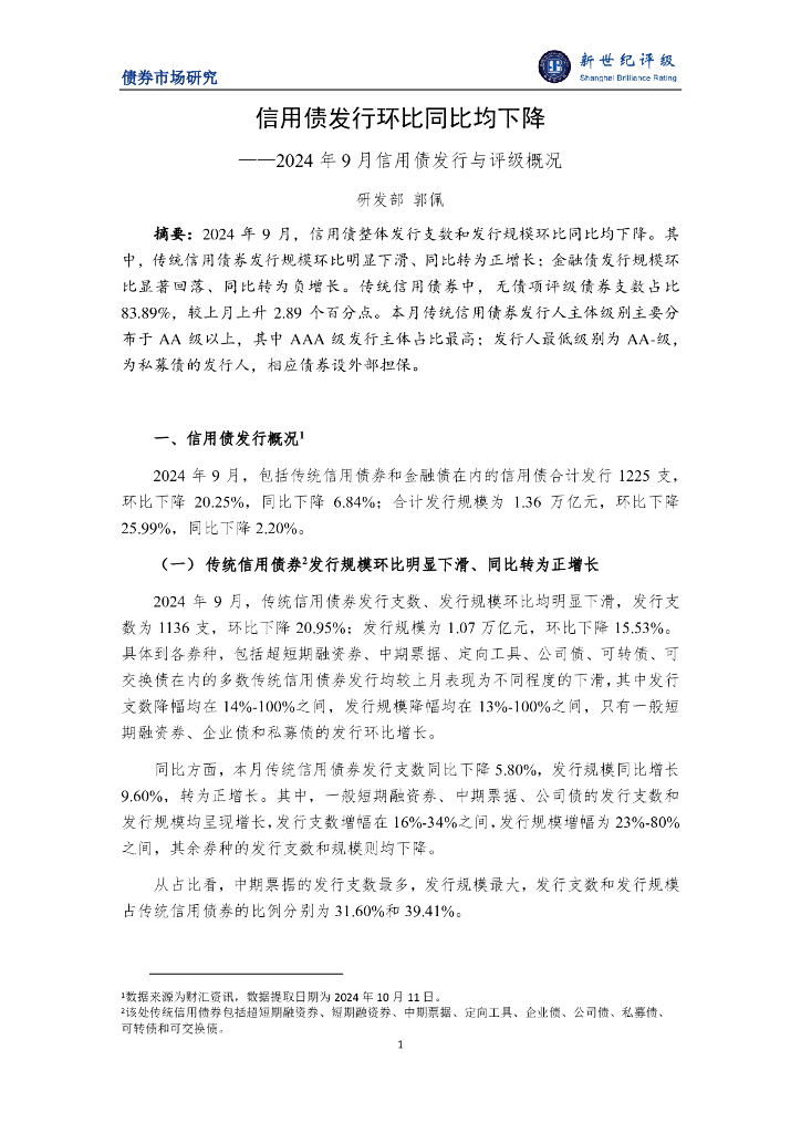 新世纪评级：信用债发行环比同比均下降——2024年9月信用债发行与评级概况