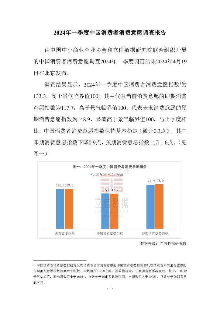 立信数据&中国中小商业企业协会：2024年第一季度中国消费者消费意愿调查报告