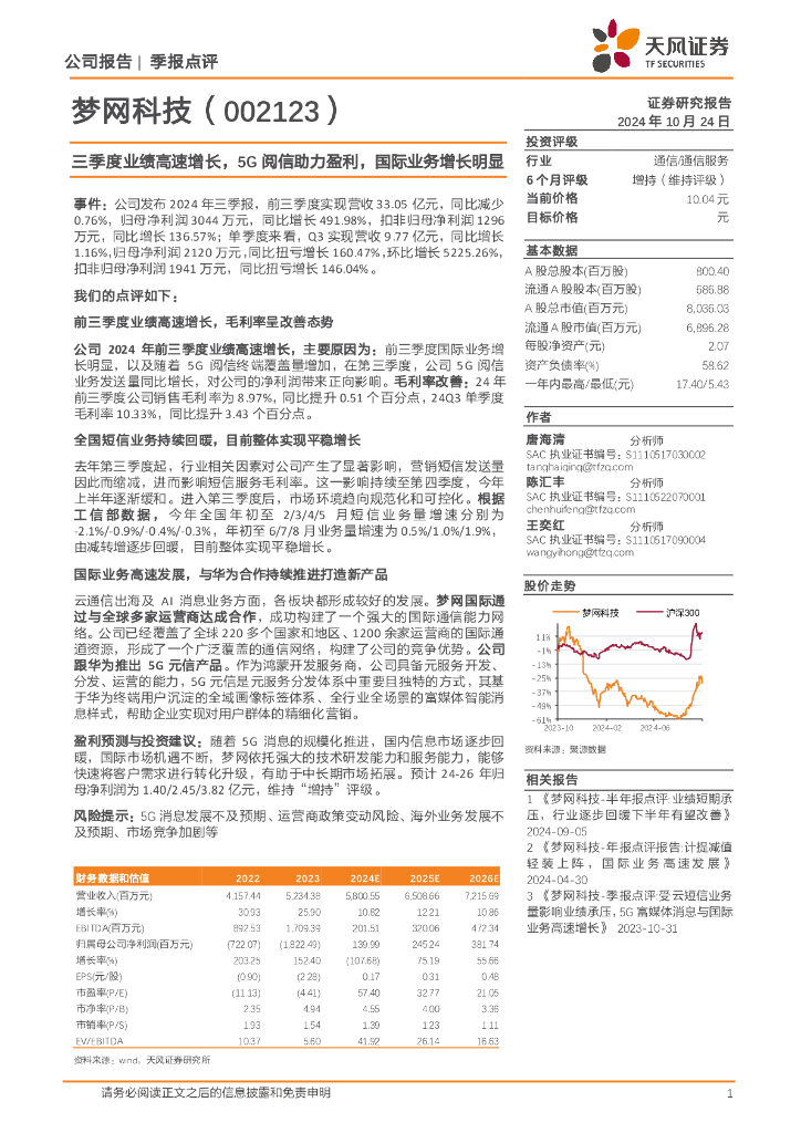 天风证券：梦网科技（002123）-三季度业绩高速增长，5G阅信助力盈利，国际业务增长明显